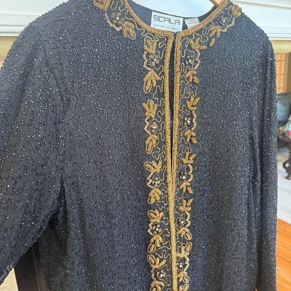 Scala Vintage Black Beaded Silk Open Front Evening Jacket Gold Boarder XL - Picture 4 of 10